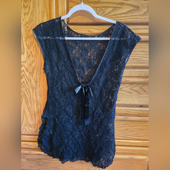 Sasson Oh La La Ladies Black Lace Nighty BabyDoll Lingerie SideSlit Bow Sz Large - Picture 1 of 13